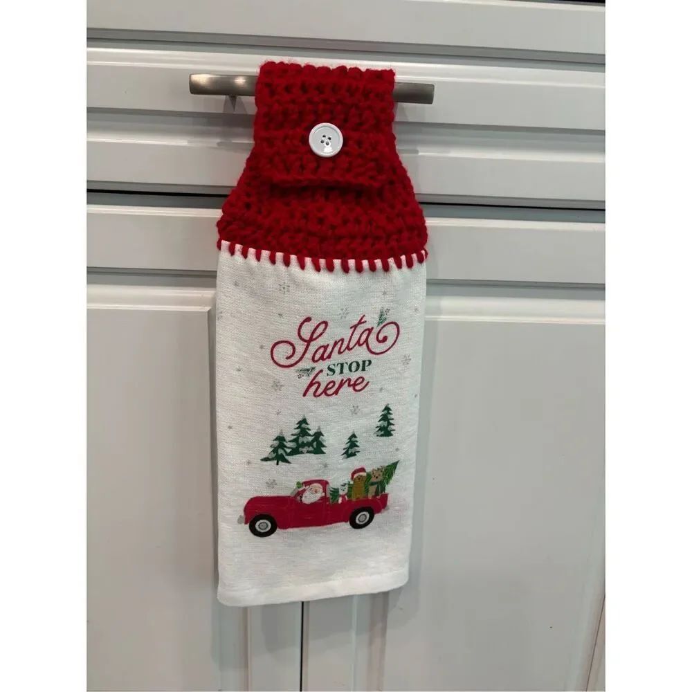 Crochet Top Kitchen Towel-Santa stops here